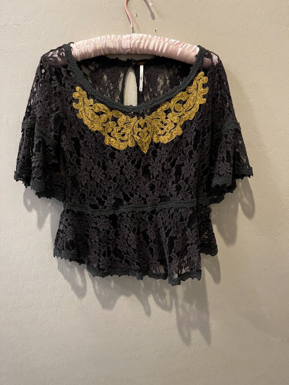 Free People Charcoal Gray Lace Peplum Short-Sleeve Top Size XS
